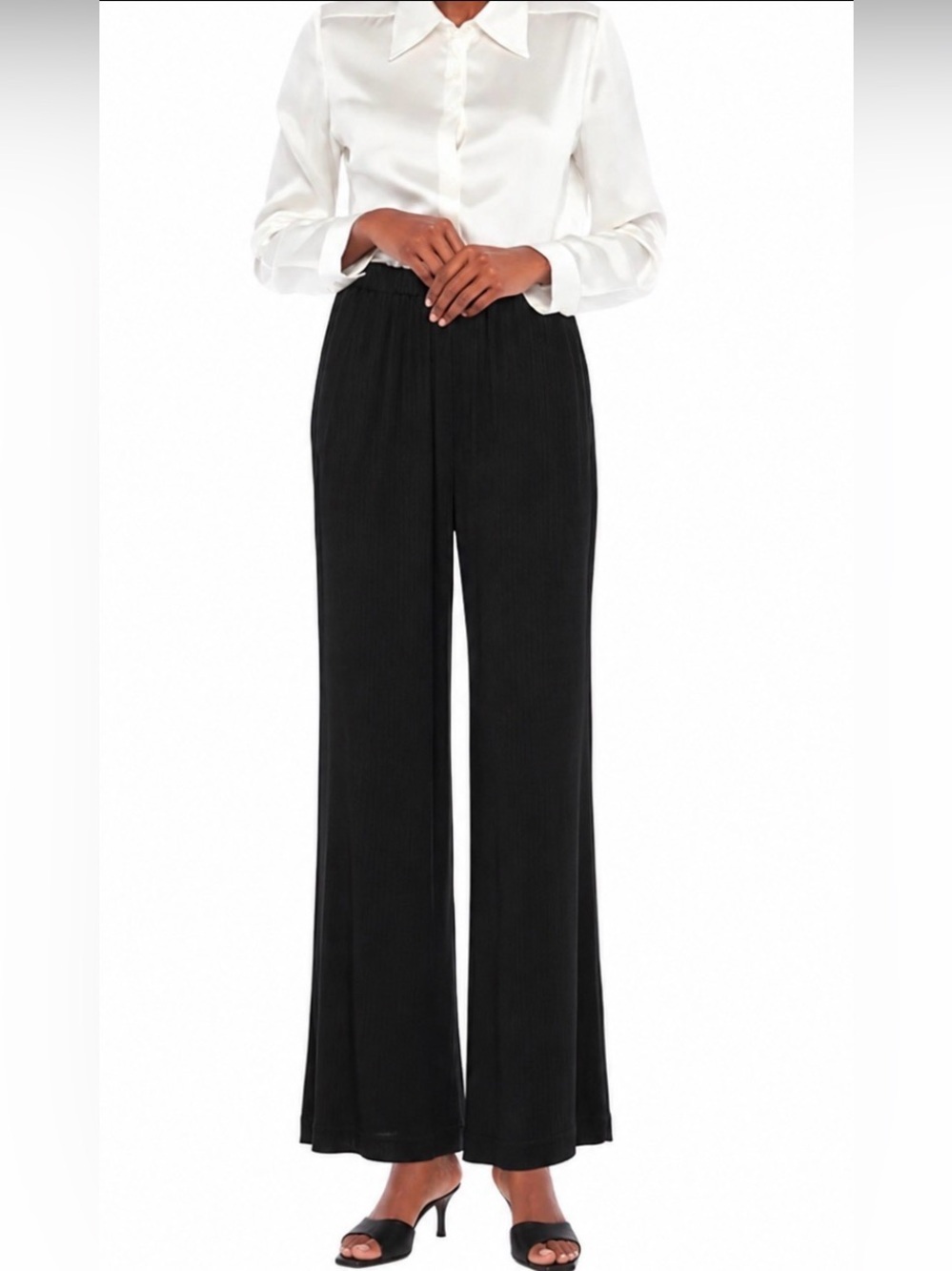 Merci Viscose Blend Ribbed Wide Flare Leg Pants Black Pull on Elastic Waist Sz L